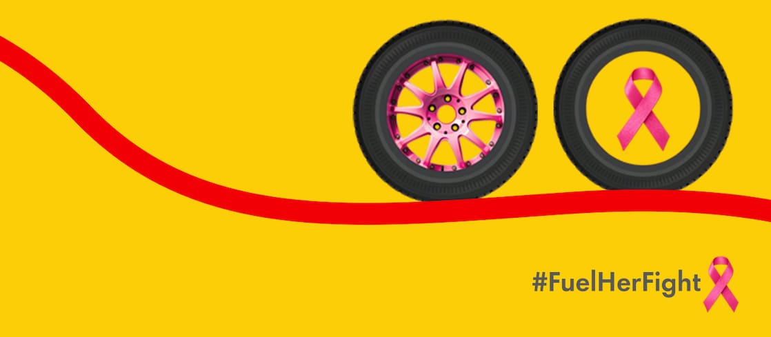Image de la campagne #FuelHerFight de Shell Sénégal avec des pneus roses et un ruban rose sur fond jaune pour la sensibilisation au cancer du sein.