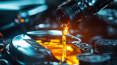 Versement d'huile de moteur Shell dorée et lumineuse sur des pièces mécaniques dans une ambiance bleutée et contrastée.