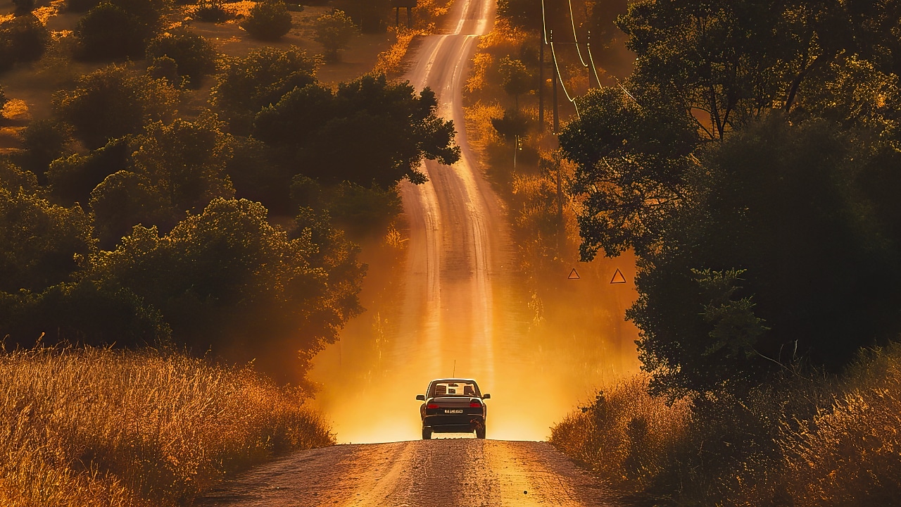 Voiture sur une route de campagne au coucher du soleil, baignée dans une lumière dorée dramatique.