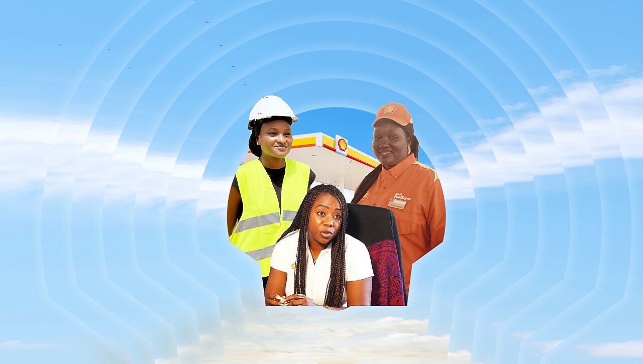 Mise en avant du personnel féminin de Shell: Une pompiste, une ingénieure et une responsable marketing.