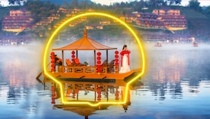 Sur un lac brumeux, un bateau-pavillon chinois décoré de lanternes rouges et illuminé par un halo doré en forme de coquille Shell. Une silhouette en costume traditionnel se tient à bord, avec des habitations éclairées en arrière-plan sur les collines.