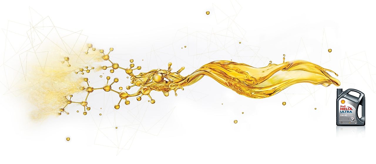 Écoulement dynamique d'huile moteur dorée sortant d'un bidon Shell Helix Ultra, avec éclaboussures et molécules en suspension