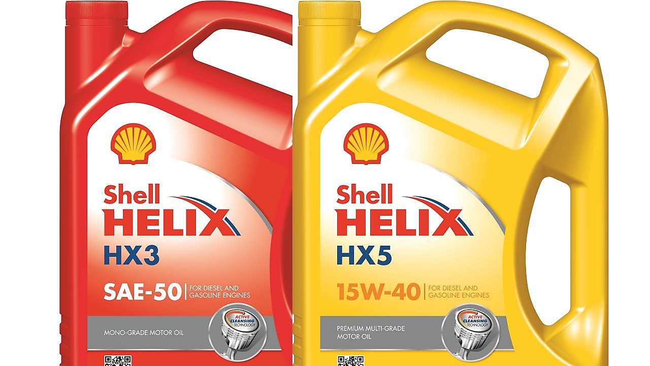 Bidons d'huile moteur Shell Helix HX3 et HX5 pour moteurs diesel et essence, en rouge et jaune