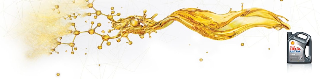 Écoulement dynamique d'huile moteur dorée sortant d'un bidon Shell Helix Ultra, avec éclaboussures et molécules en suspension