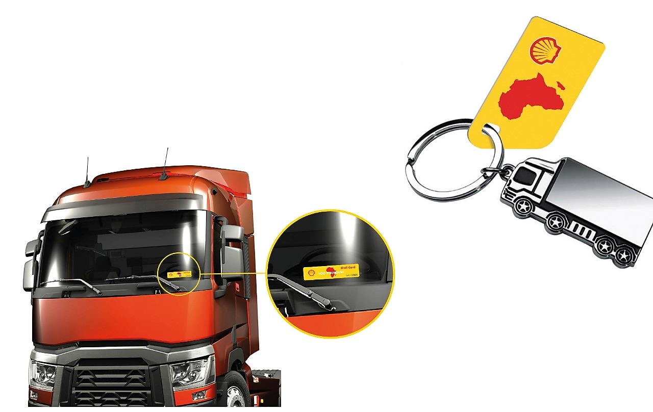 Camion muni de la vignette tag Shell Card collée sur son pare-brise